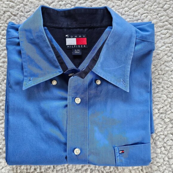 Vntg Y2K Tommy Hilfiger XL Mens Blue Shirt XL Cotton Business Casual Logo - Picture 4 of 12